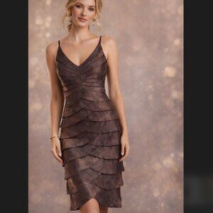 Adrianna Papell Dress 6 Brown Gray Shimmer Satin Tiered Cocktail Sleeveless EUC